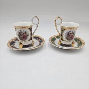 Vintage T. Limoges 2 Porcelain Cups & Saucers Ristretto Cups Courting Couple